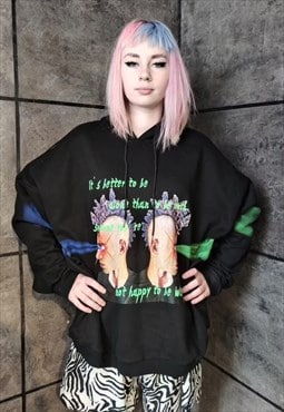 Punk print hoodie neon graffiti Y2K raver pullover black