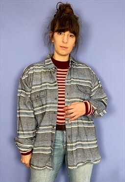 Vintage 90's Blue Stripe Thick Long Sleeve Shirt - M/L