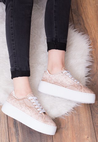 LACE UP FLAT TRAINERS SHOES IN BROWN LEATHER STYLE - A-OK