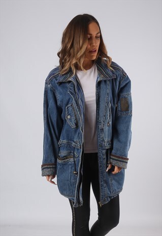 VINTAGE DENIM JACKET OVERSIZED LONG LINED UK 14 LARGE (GO1N)