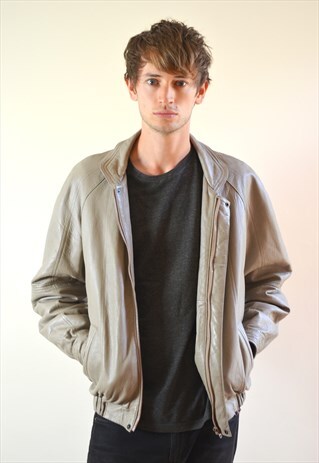 1980S VINTAGE GREY LEATHER BIKER BOMBER JACKET