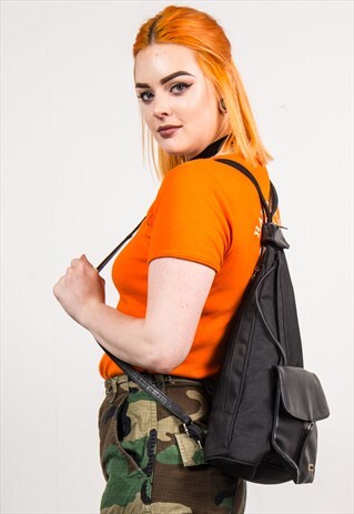 VINTAGE BLACK CANVAS FAUX LEATHER BACKPACK RUCKSACK