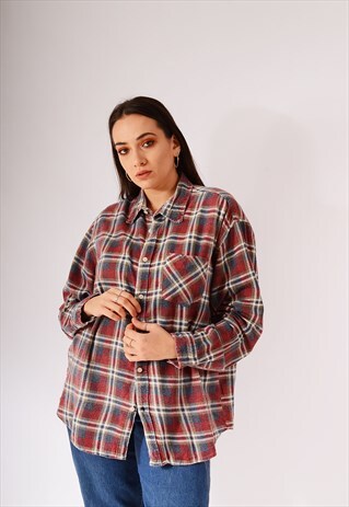 VINTAGE OVERSIZED CHECK FLANNEL SHIRT RED