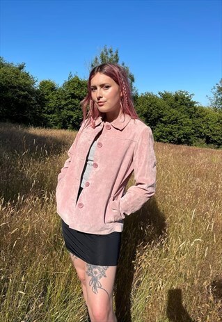 VINTAGE 90S SUEDE PASTEL PINK LEATHER TRENCH COAT JACKET