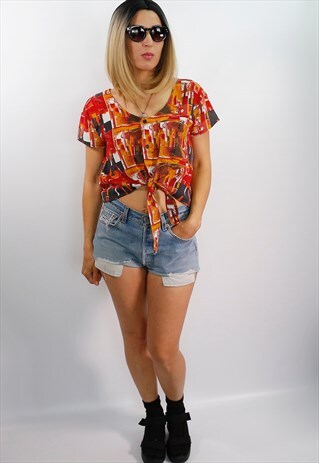 VINTAGE REWORKED TIE-UP SHORT SLEEVE CROP BLOUSE SHIRT