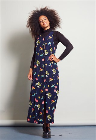 VINTAGE NAVY BLUE FLORAL 90'S CROSS BACK DRESS