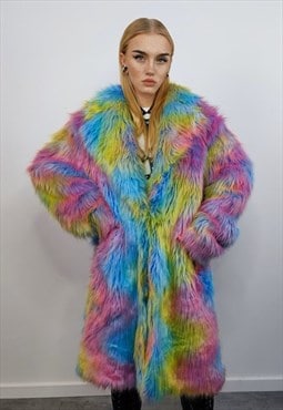 Rainbow faux fur long coat unicorn trench neon raver bomber 