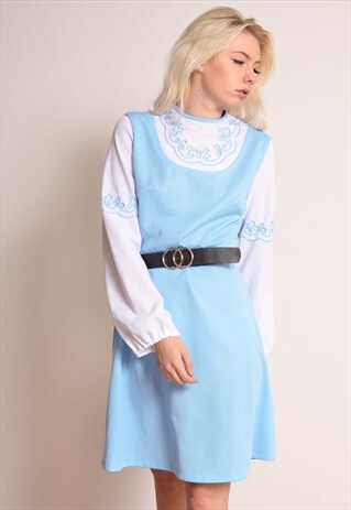 VINTAGE 60S EMBROIDERED TRADITIONAL STYLE DRESS IN BABY BLUE