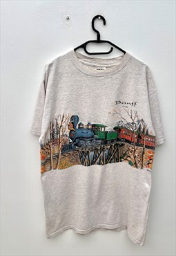 Vintage Banff Canada grey train tourist T-shirt large 