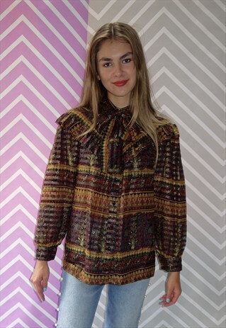 SHIRT, VINTAGE 80S BLOUSE, BROWN WITH PRINT & RUFFLES