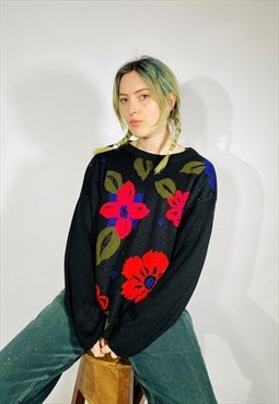 Vintage Size L Floral Chunky Knitted Jumper in Black