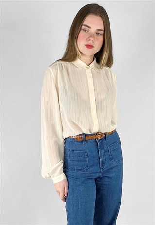 70's Cream Vintage Long Sleeve Sheer Stripe Ladies Blouse