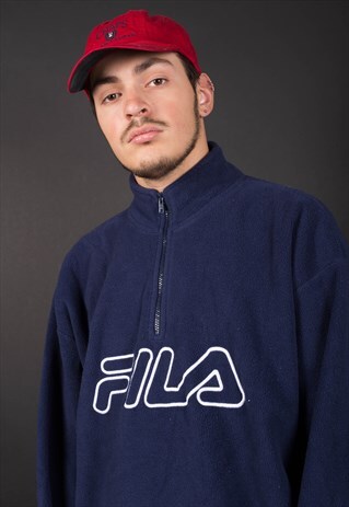 VINTAGE BLUE BIG LOGO SPELL OUT 1/4 ZIP FILA FLEECE
