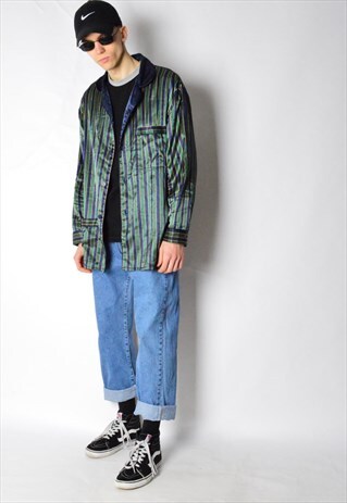 VINTAGE 90S NAVY BLUE GREEN STRIPED SLEEPWEAR SHIRT