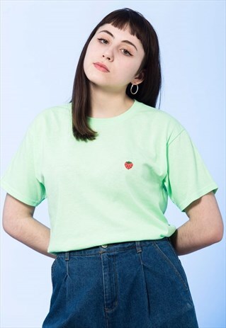 T-SHIRT MINT GREEN STRAWBERRY EMBROIDERED WOMENS