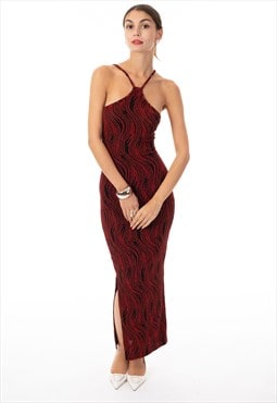 High-neck sleeveless metallic-knit with pattern maxi dress