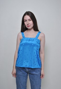 Polka dot blue tank top, vintage tie evening top - LARGE 