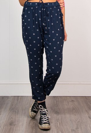 VINTAGE NAVY FLORAL PATTERN LOOSE FIT SUMMER TROUSERS