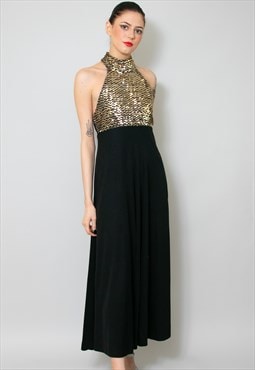 70's Vintage Black Halter Neck Maxi Dress Gold Sequin