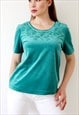 EMBROIDERED VINTAGE TOP 90S VELVET T-SHIRT COTTAGECORE GREEN