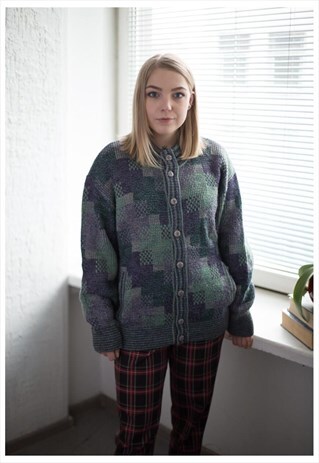 VINTAGE 80'S GREEN/PURPLE WOOL CARDIGAN