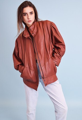 80'S RETRO BROWN GENUINE LEATHER OVERSIZED BOMBER JACKET TOP