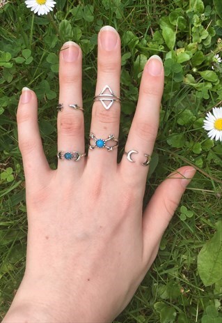 WOMENS BOHO SILVER TURQUOISE BLUE COLOUR SET OF RINGS