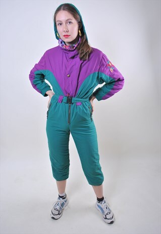 VINTAGE ONE PIECE MULTICOLOR SKI SUIT, WOMAN GREEN SNOWSUIT