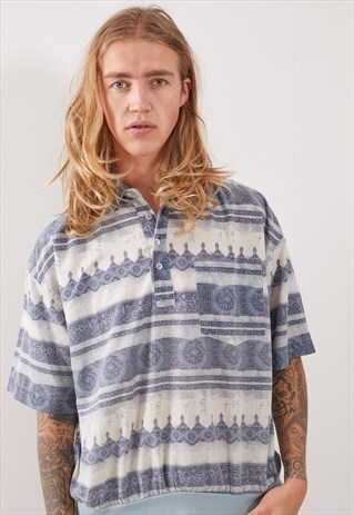 VINTAGE PATTERNED FESTIVAL SHORT SLEEVE BUTTON-UP SHIRT
