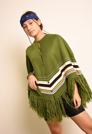VINTAGE 90'S RETRO STRIPED KNIT FRINGED CAPE PONCHO