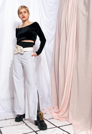 VINTAGE FLARES Y2K ZIP LEG FLARE TROUSERS IN WHITE
