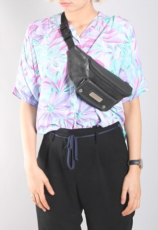 VINTAGE 90S BLACK FAUX LEATHER FESTIVAL BUM BAG BUMBAG
