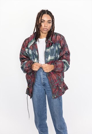 VINTAGE 90S MAROON ETHNIC PRINT BOMBER JACKET