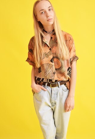 90'S RETRO ABSTRACT PRINT OVERSIZED SHIRT BLOUSE TOP