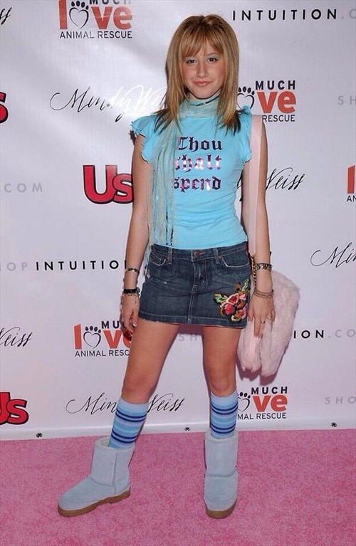 Ashley Tisdale in a Y2K outfit with baby blue ugg boots