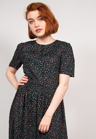 VINTAGE 90'S BLACK FLORAL MIDI DRESS