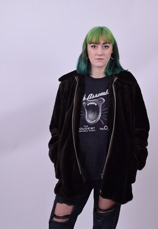 VINTAGE 70'S DARK BROWN FAUX FUR JACKET. SIZE 8 10 12