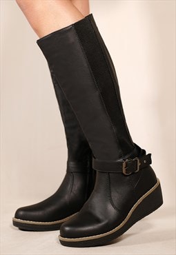 Ayleen wedge heel knee high boots with elastic panel black