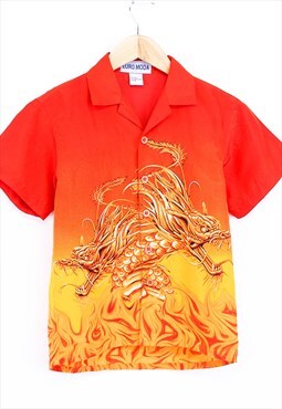 Vintage Dragon Print Summer Shirt Orange Red Short Sleeve 