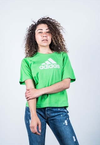 white adidas t shirt with green logo