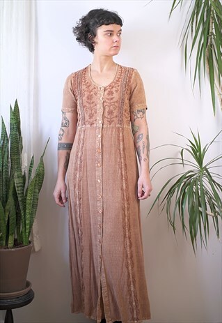EMBROIDERY DARK BEIGE LONG DRESS