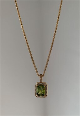 HERMES. Olive Green Crystal Pendant Gold Rope Chain Necklace