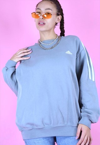 VINTAGE 90S ADIDAS JUMPER SWEATER GREY WHITE STRIPES