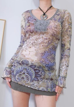 vintage y2k purple retro boho mesh top
