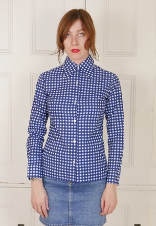 70S BLUE CHECK SHIRT WITH LARGE COLLAR