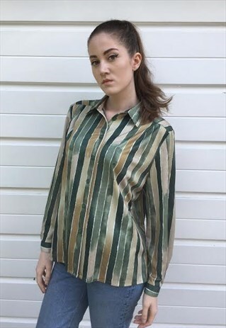 WOMENS VINTAGE 80S BLOUSE PATTERNED GREEN STRIPY SHIRT TOP
