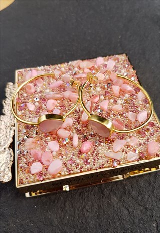 BLUSH PINK SEMI PRECIOUS GOLD HOOP EARRINGS
