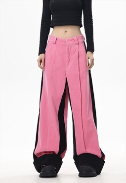 Color block corduroy trousers textured striped pants in pink