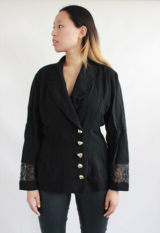 VINTAGE BLACK MESH LACE EMBROIDERY LIGHT BLAZER