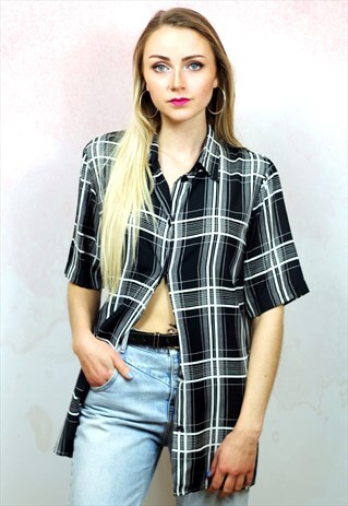 1990S VINTAGE MONOCHROME CHECK PRINT BLOUSE
